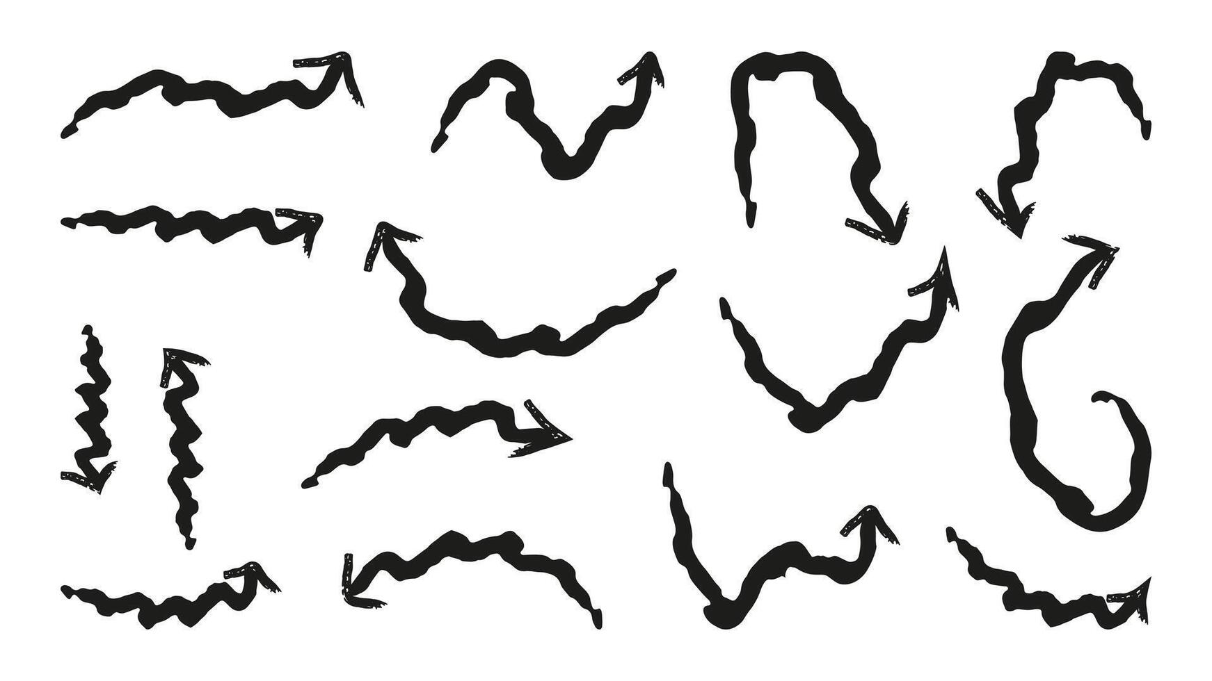 Arrows drawn with brushes on white background for infographic design. Straight curved circular multidirectional. Graphic element used in different projects. illustration. vector