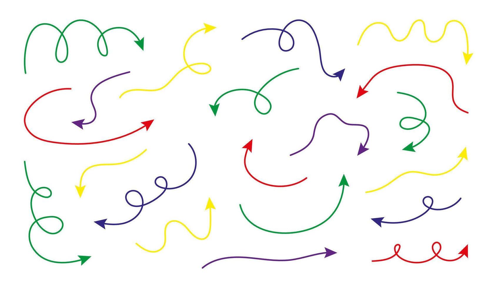 Set of thin multicolored arrows. Different shapes pointer on white background. Hand drawn lines vector