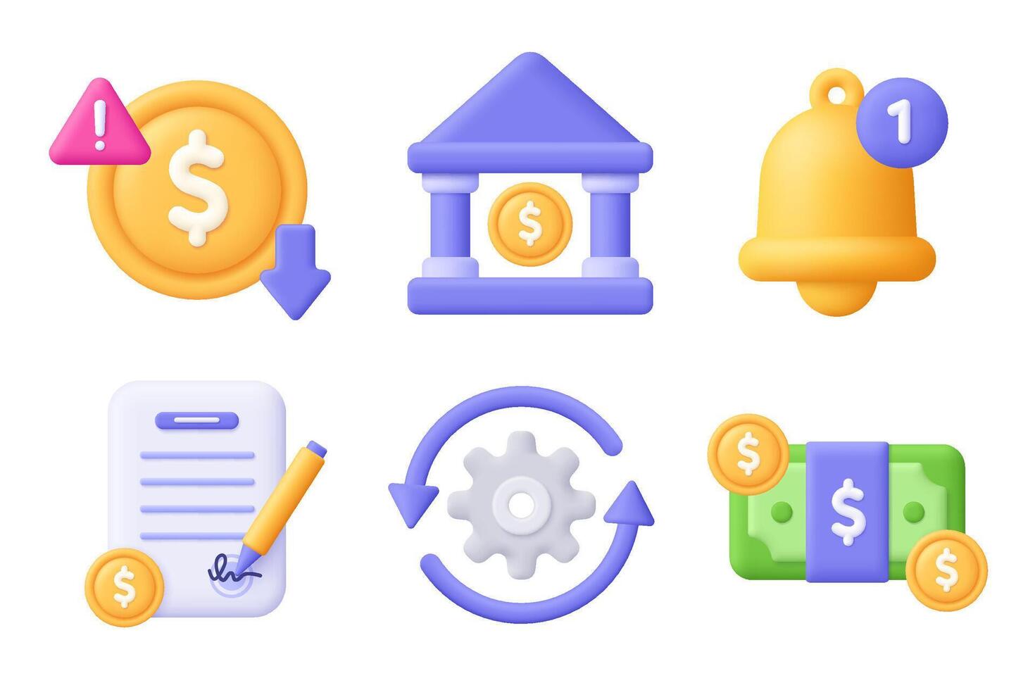 Coin, bank, bell, contact, gear, banknote. Business 3d icon set. Cartoon minimal style. vector