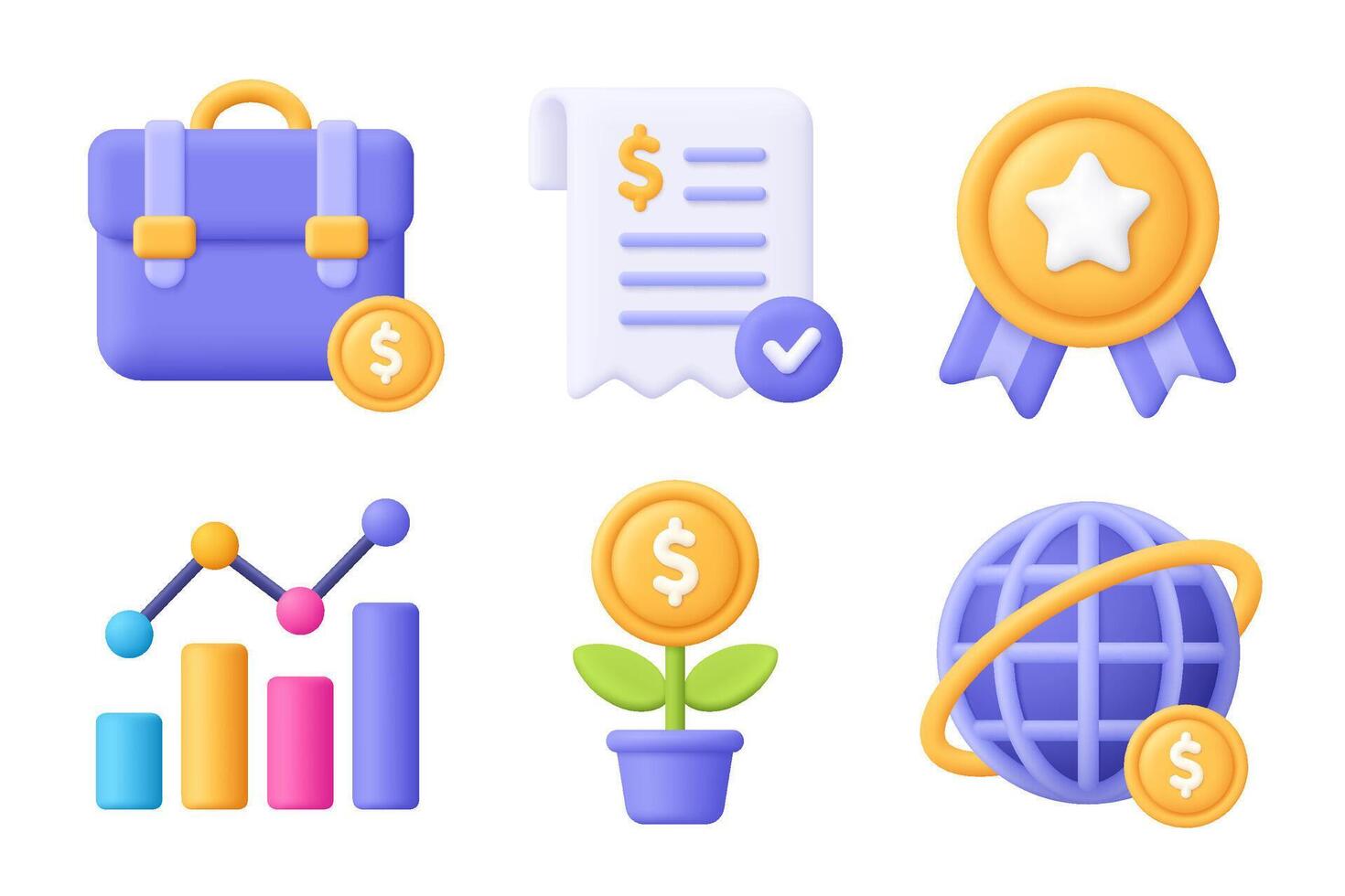 Briefcase, bill, medal, chart, globe, coin plant. Business 3d icon set. Cartoon minimal style. vector
