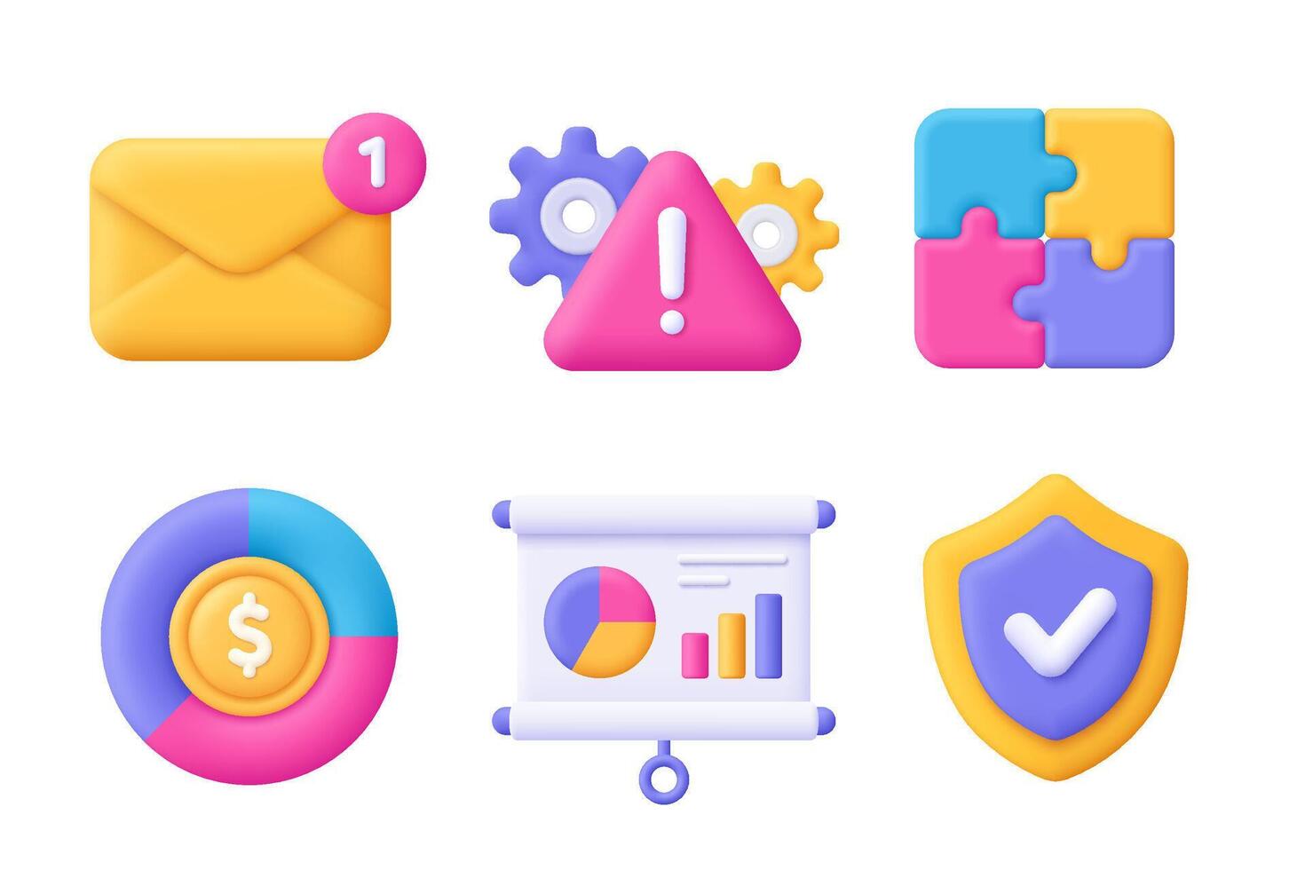 Envelope, gear, puzzle, diagram, chart, whiteboard, shield. Business 3d icon set. Cartoon minimal style. vector