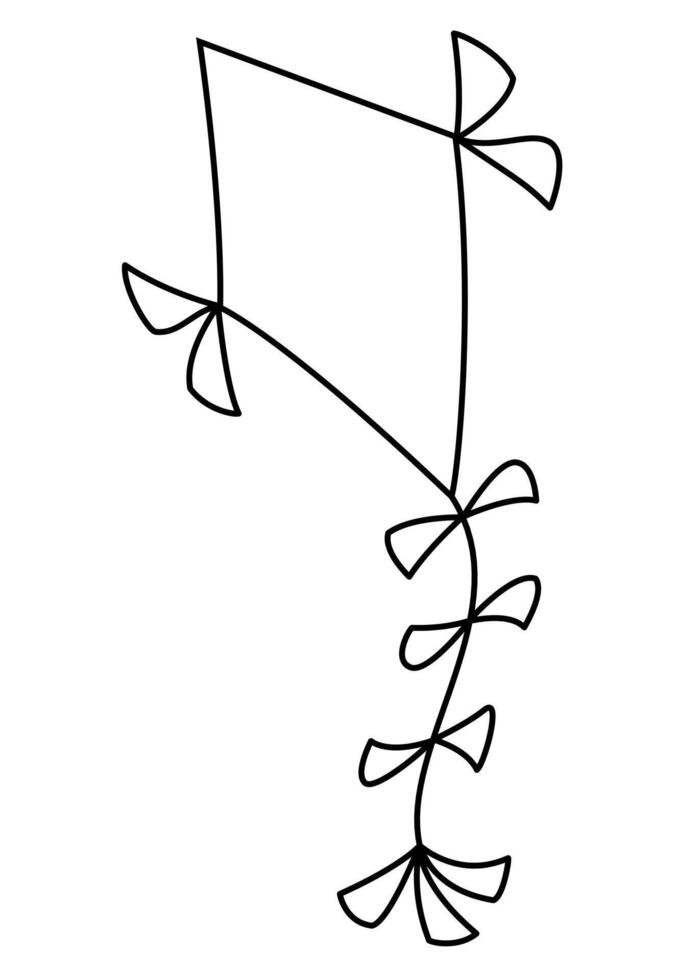 Kite - one traditional flying diamond kite, black and white cartoon illustration isolated on white background vector