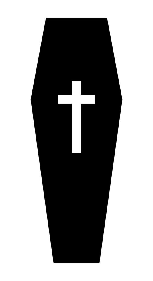 A coffin, black and white silhouette illustration of casket funerary box with cross, isolated on white background vector