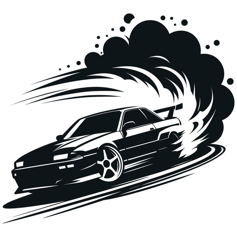 Dynamic Sports Car Drifting with Smoke in Monochrome Style Illustration vector