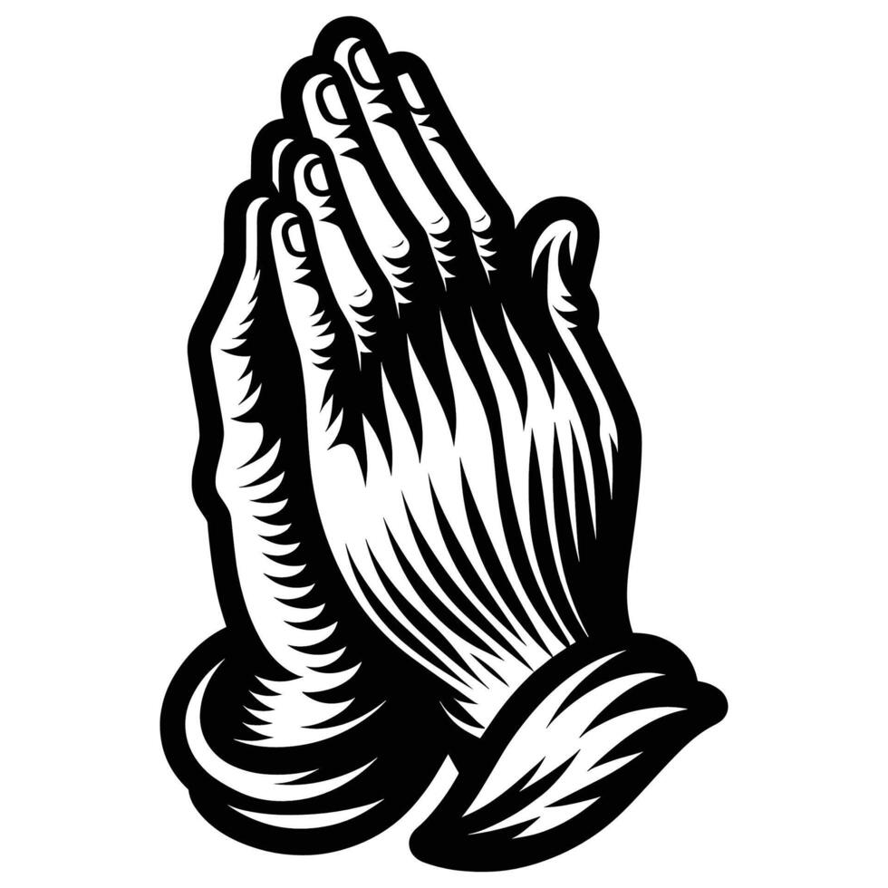Classic Black and White Illustration of Praying Hands in Engraving Style vector