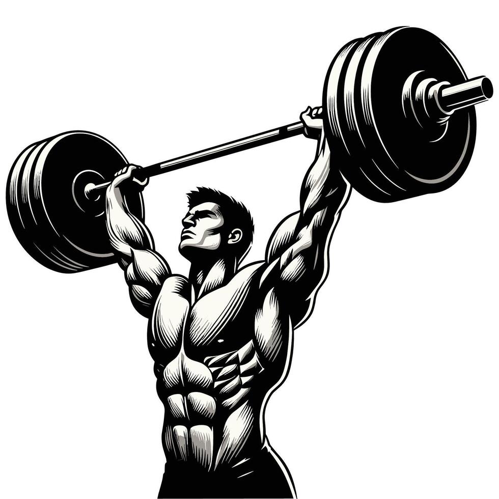 Strong Bodybuilder Lifting a Heavy Barbell Illustration in Black and White vector