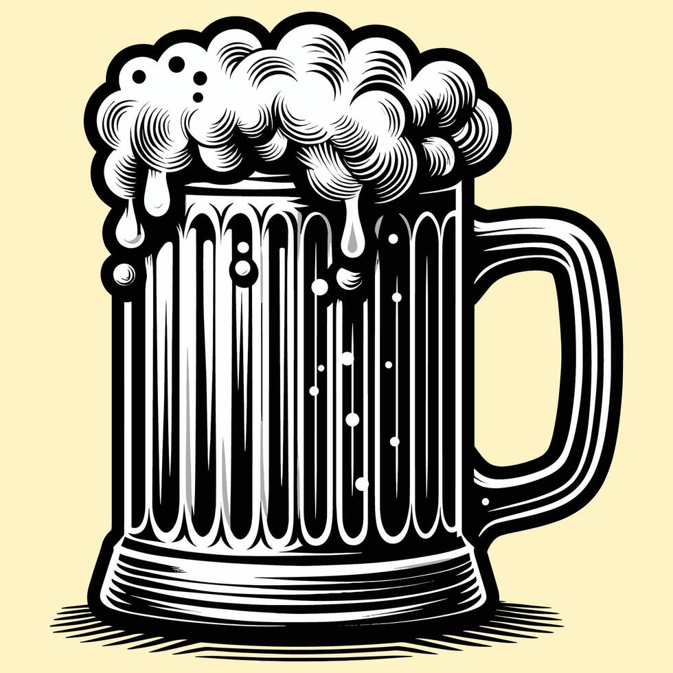 Classic Beer Mug with Frothy Foam Illustration in Black and White vector