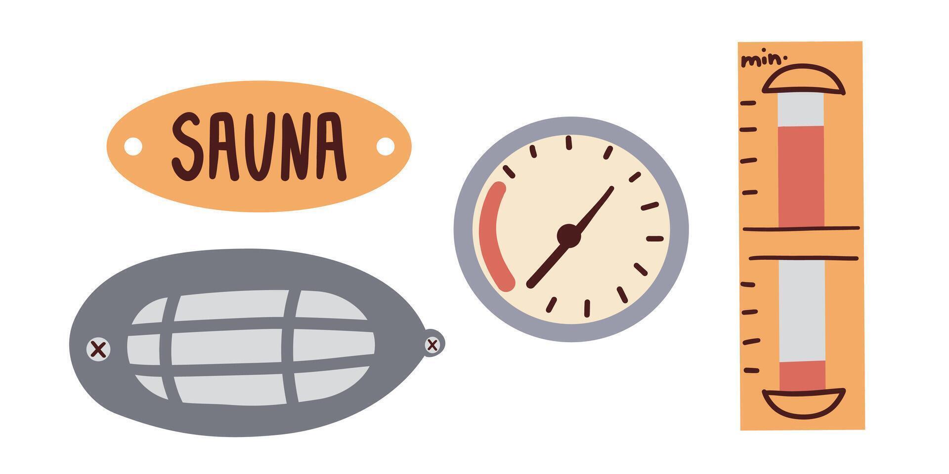 Spa Sauna Items Collection Featuring Cedar Sauna Thermometer ,Wall Mount Sand Timer and sauna light . Cartoon Illustration isolate on white vector