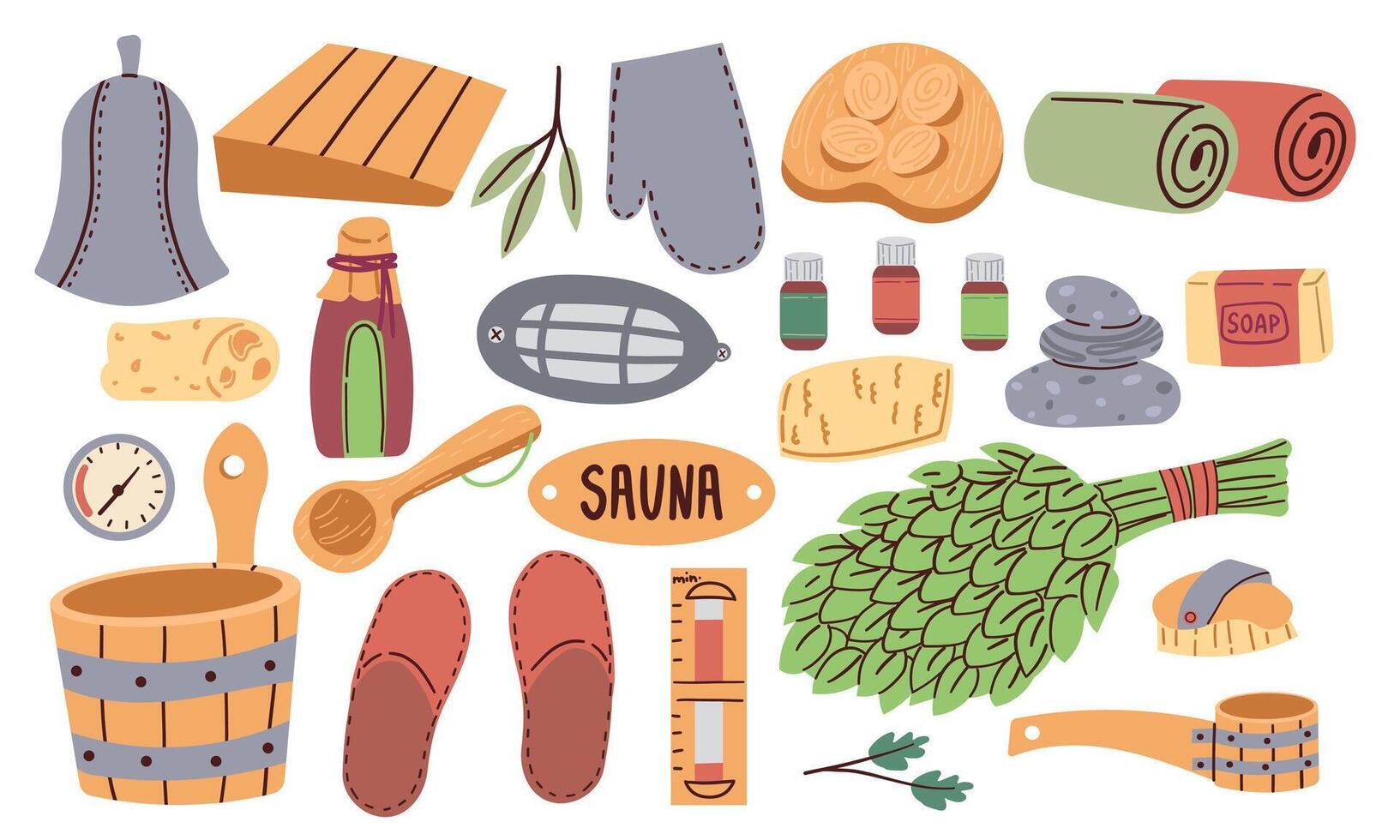 Spa Sauna Items Collection Featuring Plush Towels, Aromatic Essential Oils, Wooden Ladle and Pail, Robe, Oak Broom or Tea with Candle For Relaxation And Rejuvenation. Cartoon vector