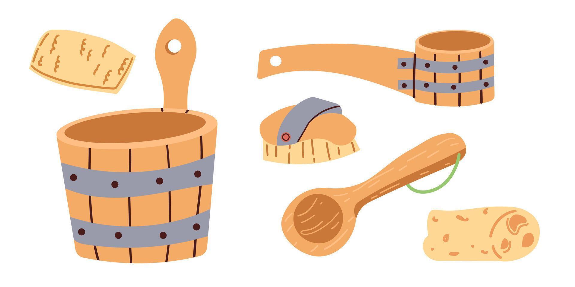 set of bath and sauna accessories. Bathhouse brush, wooden bucket, sponge , ladle isolate on white . vector
