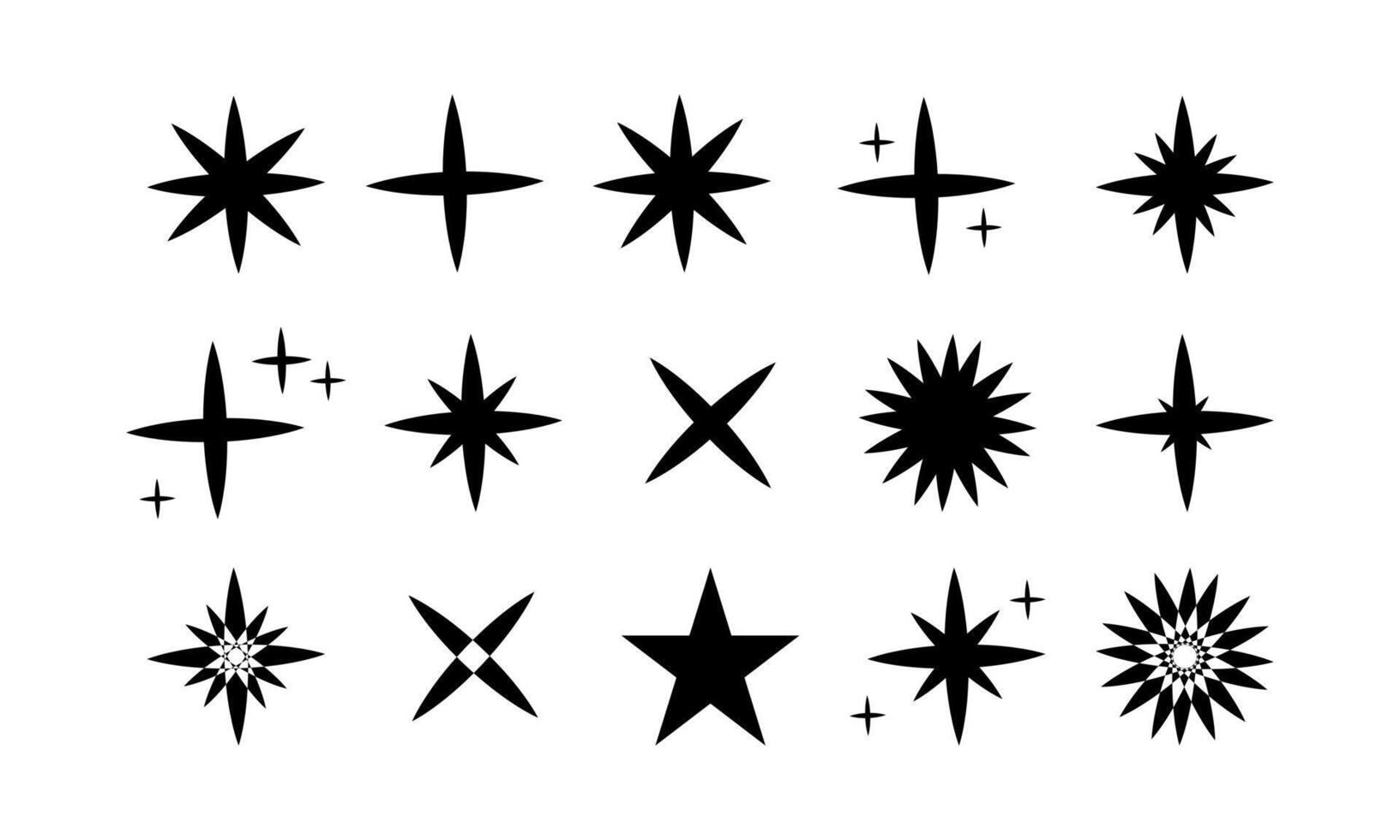 Retro futuristic sparkle icons collection. Set of star shapes. Abstract cool shine effect sign design. Templates for design, posters, projects, banners, logo, and business cards vector