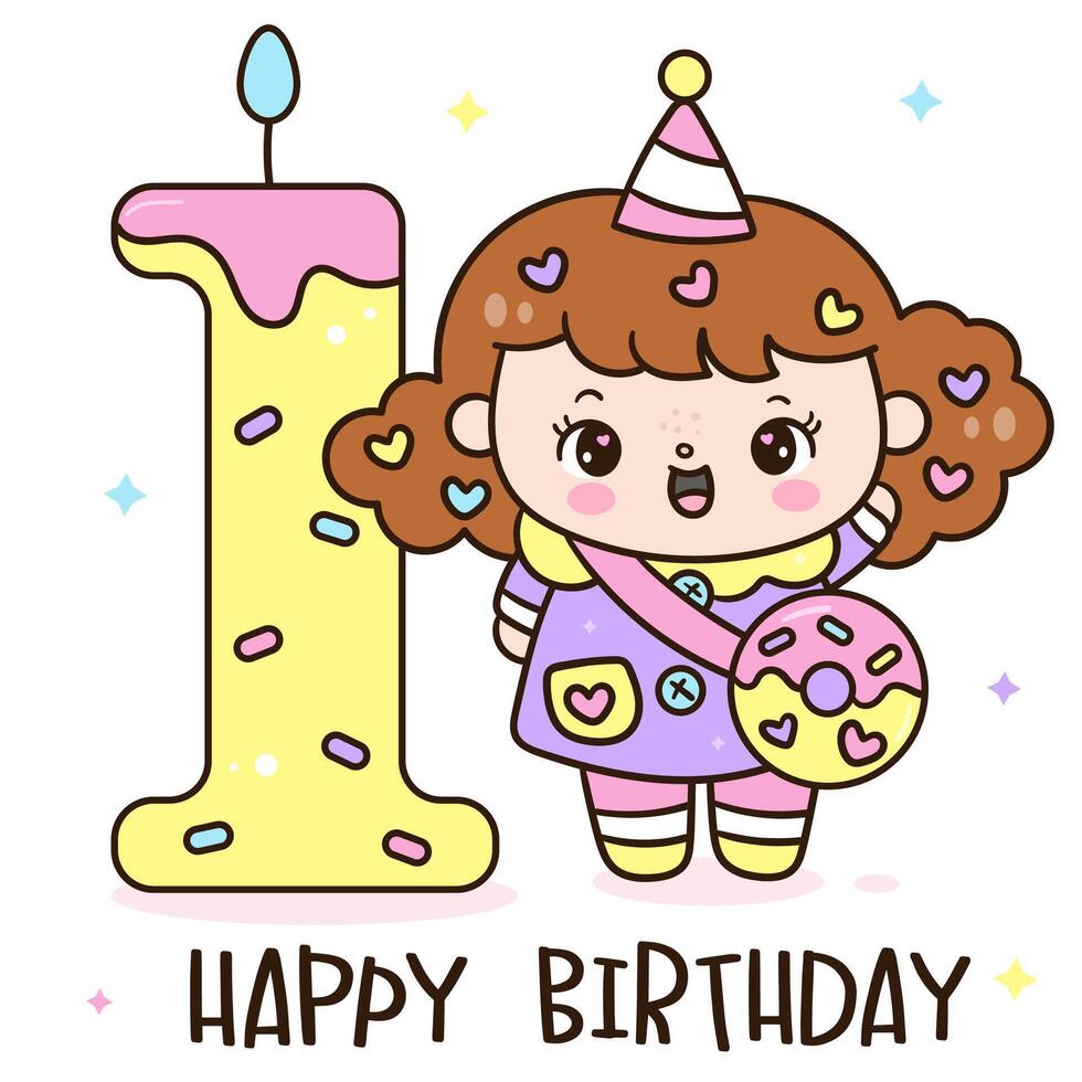Birthday numbers one Cute girls party kids Kawaii vector