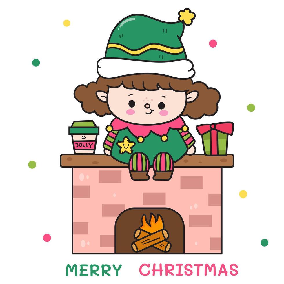Elf girl on the shelf kawaii Christmas whimsical characters vector