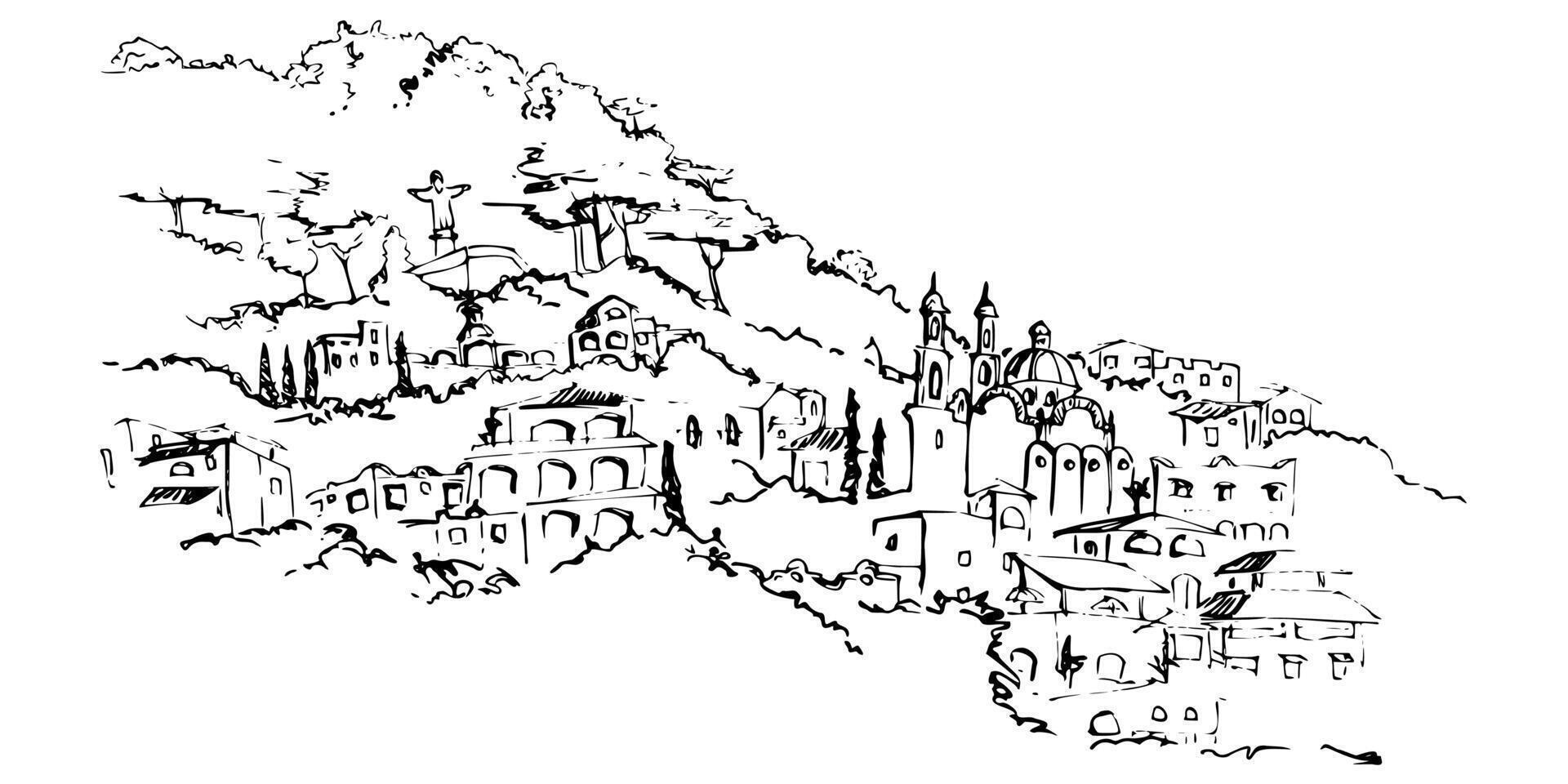 South Central America mountain slope with city buildings houses trees, religious monument cityscape. Hand drawn ink illustration, isolated scenic landscape. Design travel, vacation, brochure vector