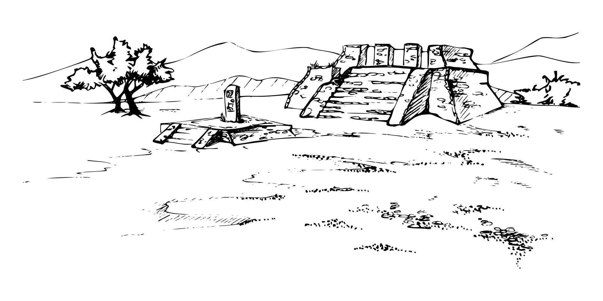 Mesoamerica Aztec ancient pyramid ruins on plain grassy field with tree, mountains hills backdrop. Hand drawn ink illustration, isolated scenic landscape. Design travel, vacation, brochure vector