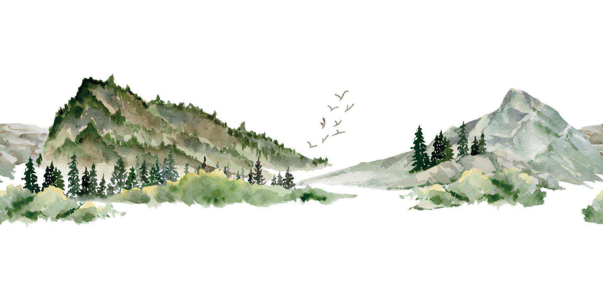 Scenery landscape alpine vista, coniferous forest fir spruce trees, mountains fields hills pasture land, hand drawn in watercolor. Seamless banner. Tourism, resort ads, hiking camping sites, vacation. vector