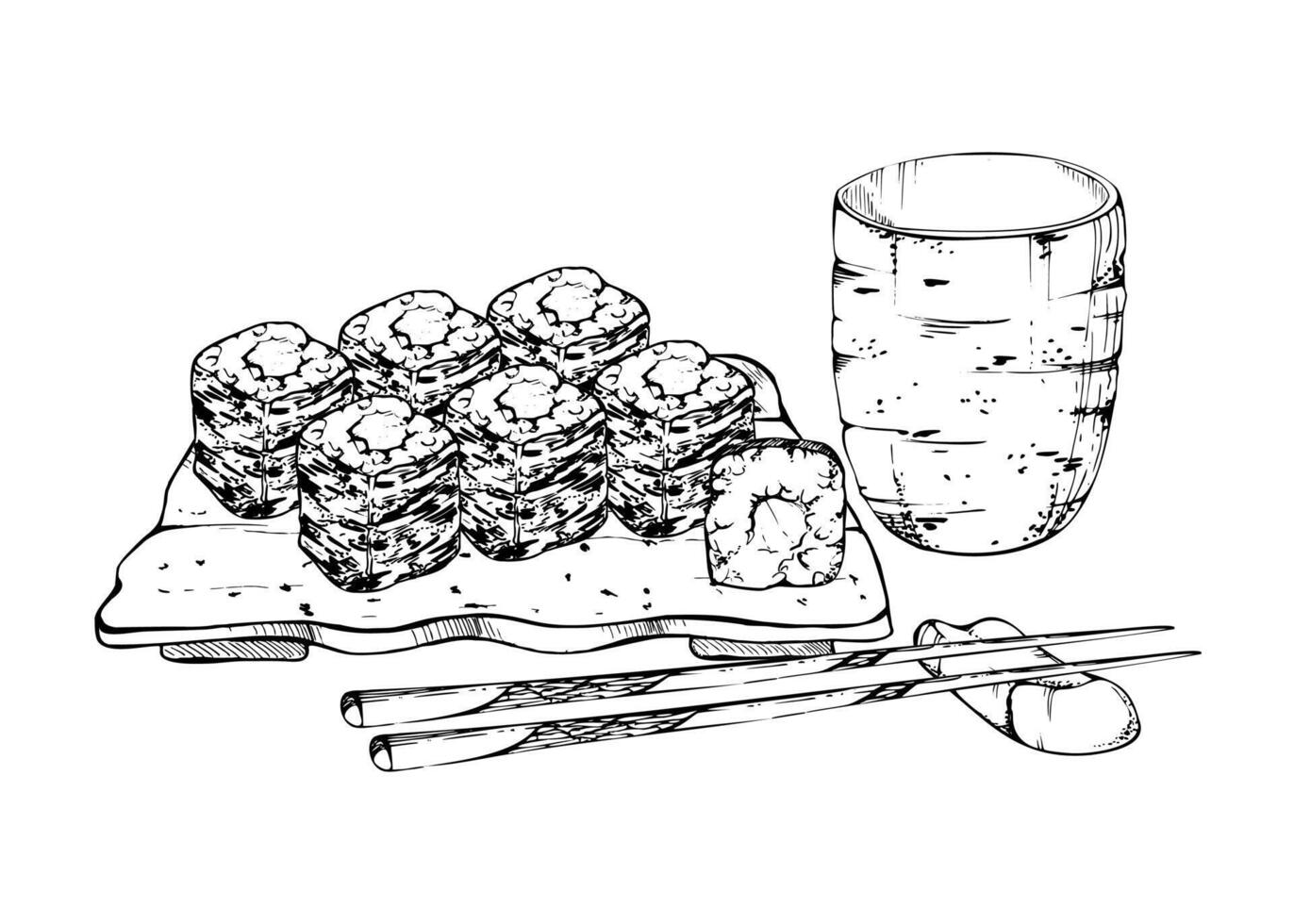 Japanese food maki sushi roll set on ceramic plate, matcha tea, chopsticks. Raw fish salmon tuna cucumber kappa wasabi, hand drawn in pen, ink. Illustration restaurant, cafe menu, recipe book vector