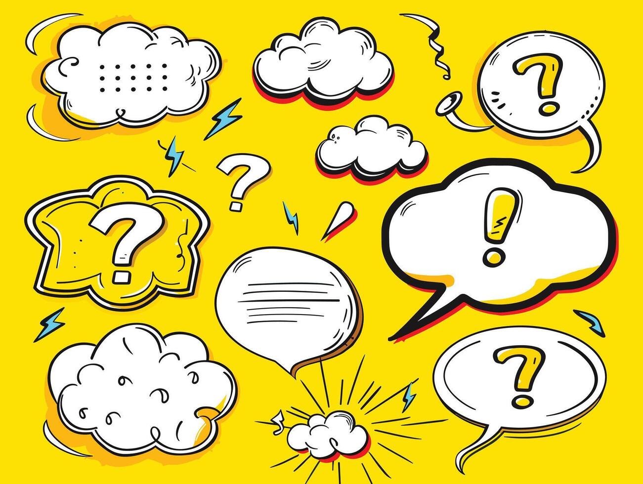 A colorful collection of comic-style speech and thought bubbles on a vibrant yellow background. vector