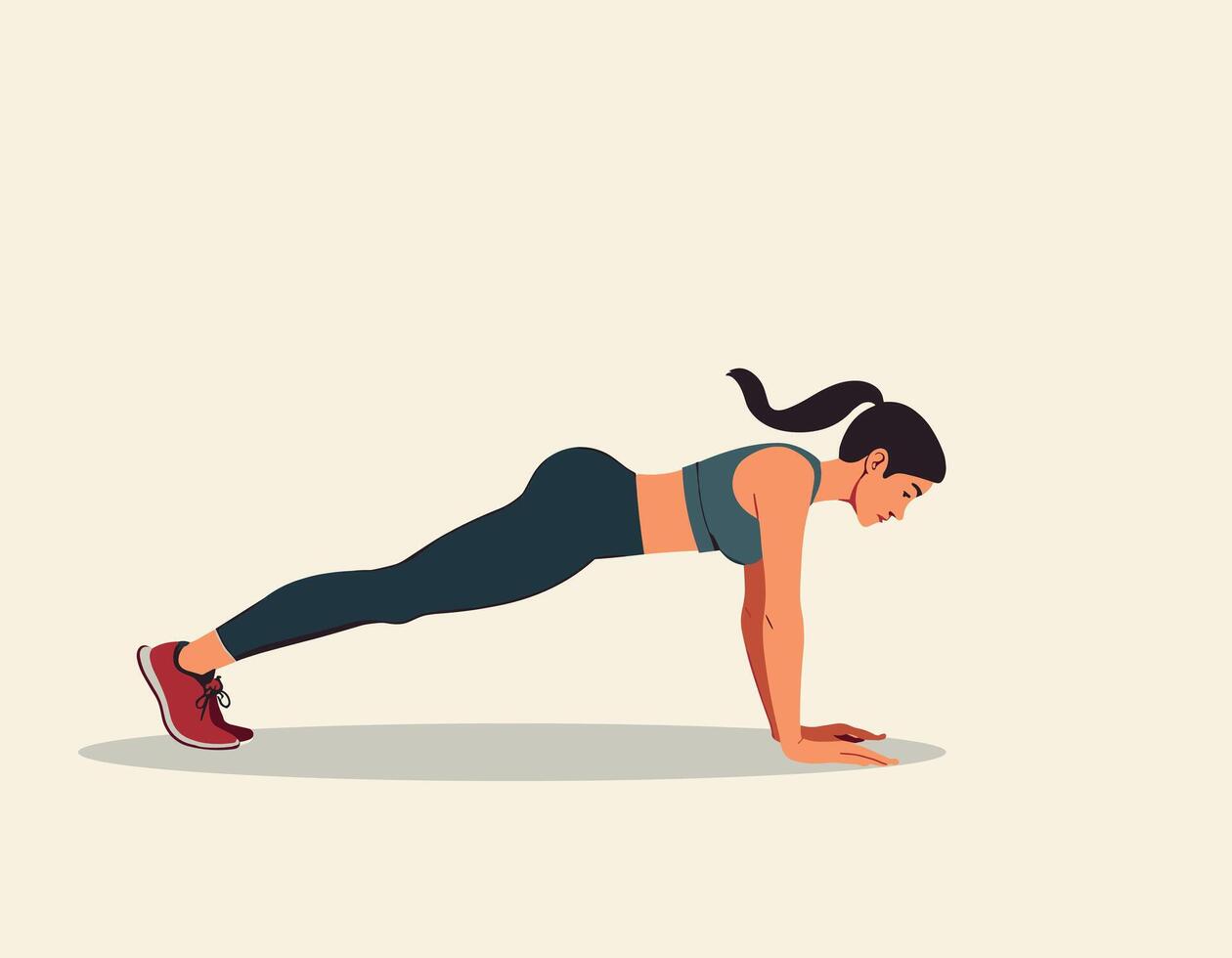Athletic woman performing a plank exercise in a minimalistic space, showcasing strength and balance. vector