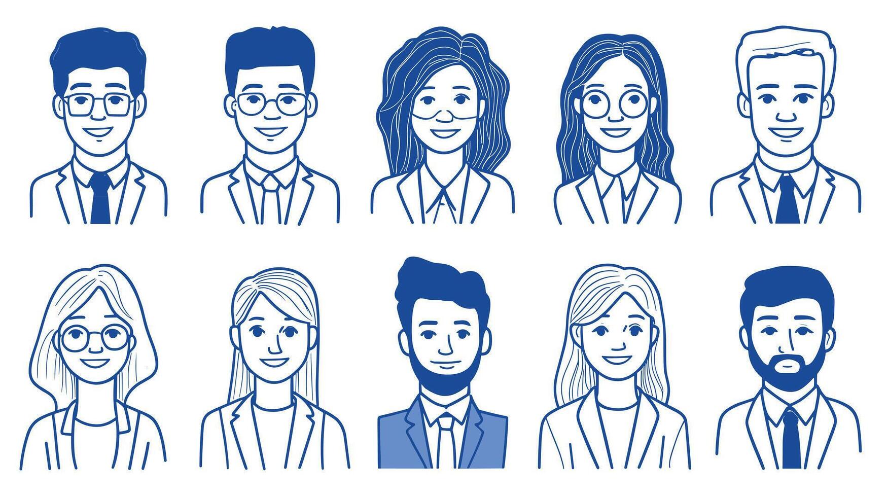 Set of diverse cartoon avatars showcasing young professionals in blue outlines. vector