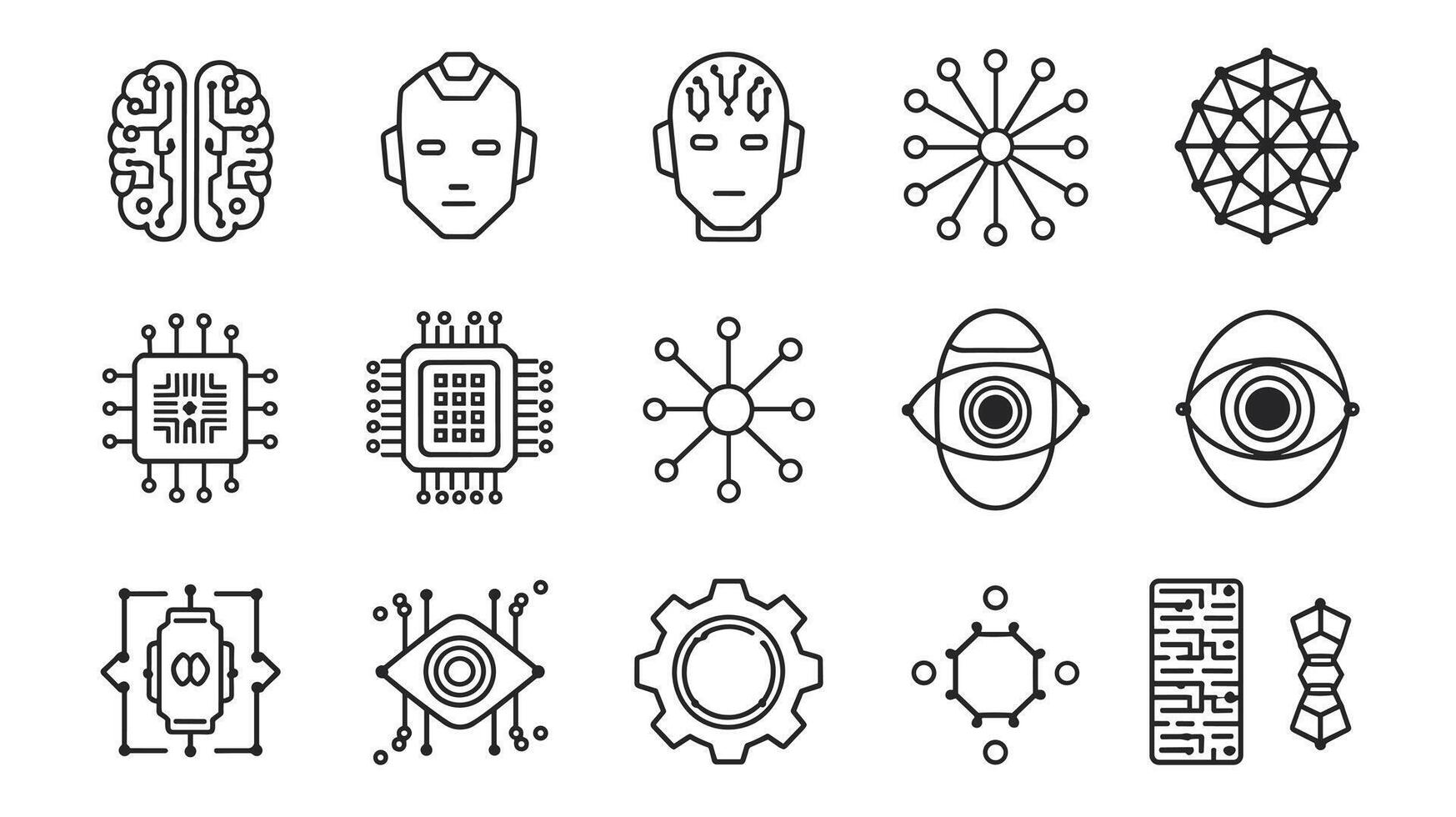 A collection of technology and AI-themed line icons on a white background, featuring brain, robot faces, microchips, eyes, gears, and network patterns. vector