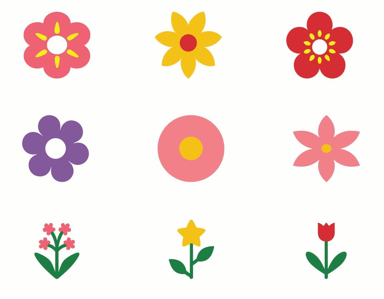 A colorful assortment of flowers in various styles and shapes on a plain background. vector