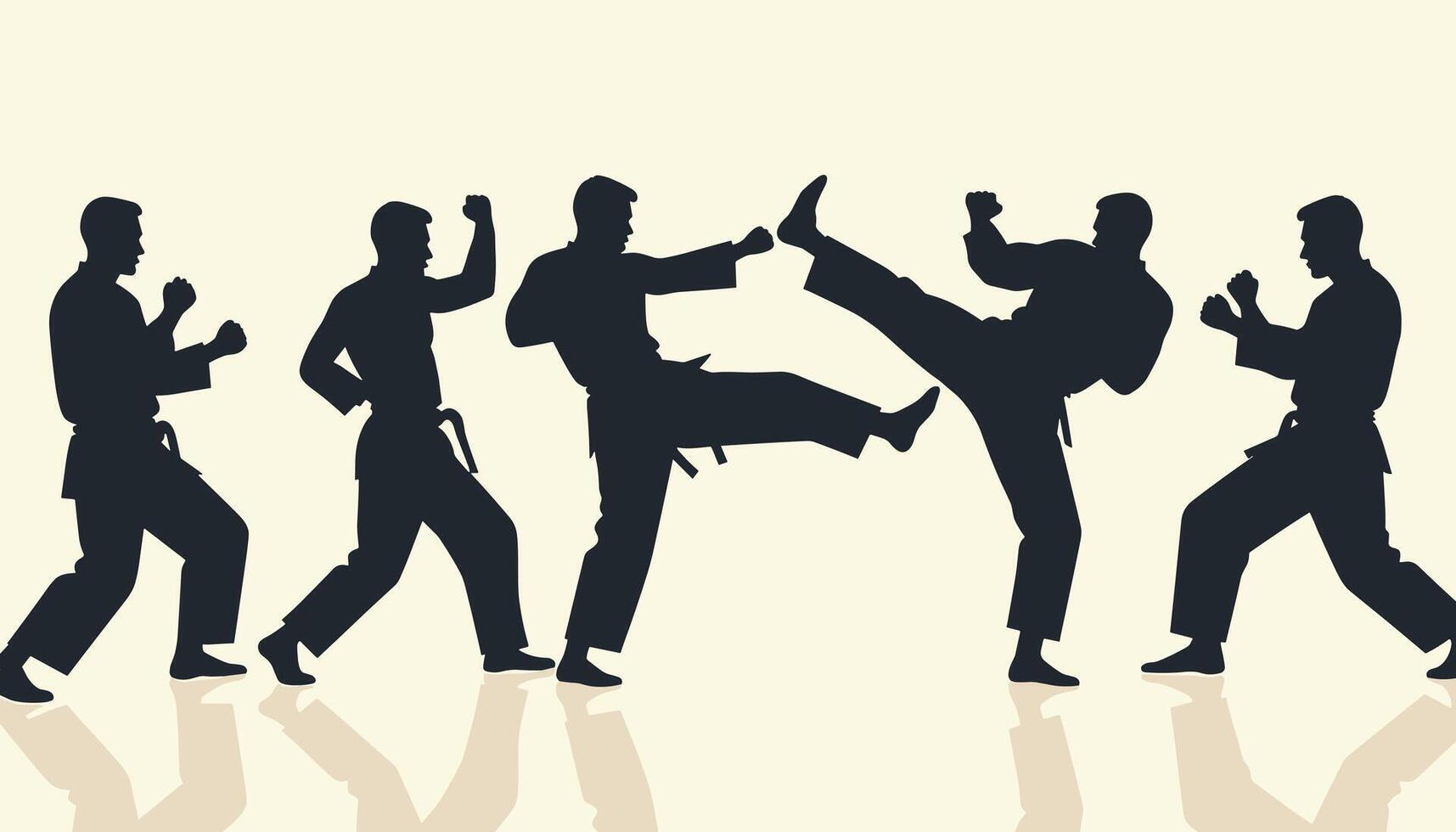 Silhouettes of multiple martial artists practicing kicks and punches in a synchronized manner against a light background. vector
