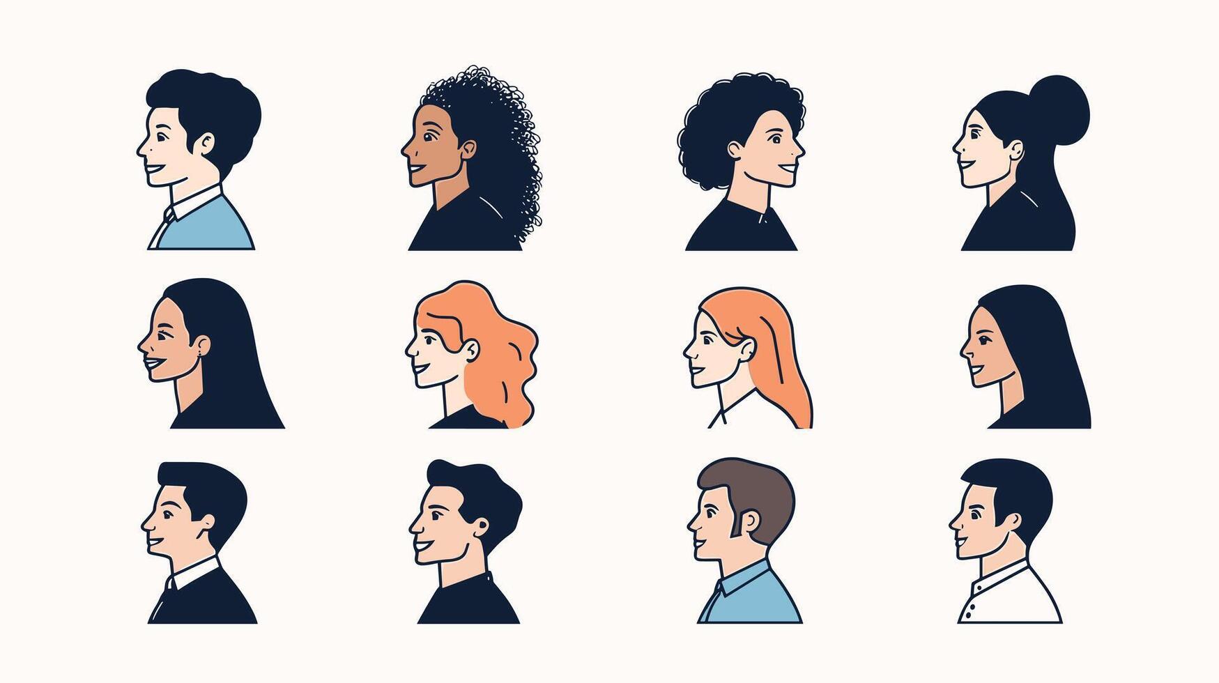 Illustrated profiles of diverse individuals representing various ethnicities and hairstyles, arranged in a grid. vector