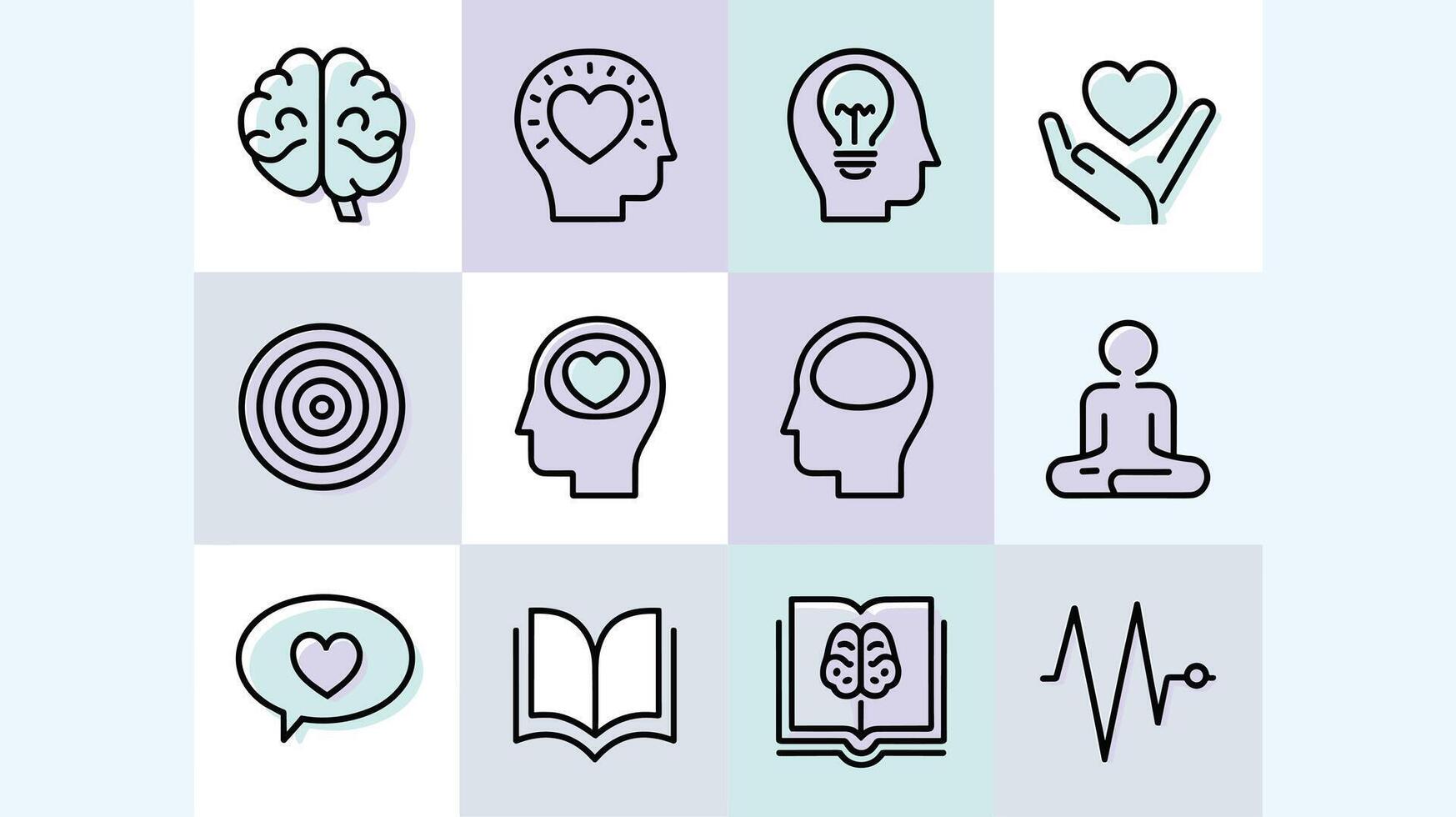 Illustrated icons representing mental health and wellness concepts, featuring brains, hearts, and meditation symbols in pastel colors. vector