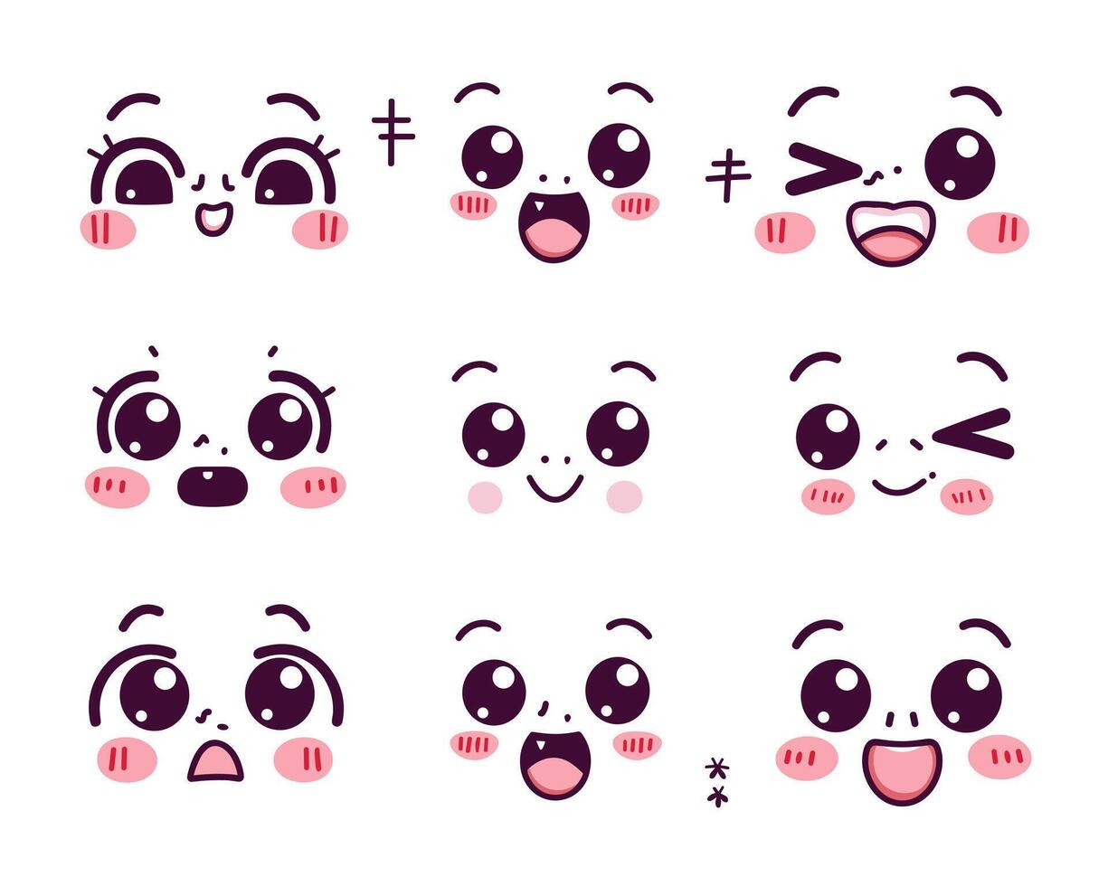 Cute kawaii faces with various expressions in a playful cartoon style on a white background. vector