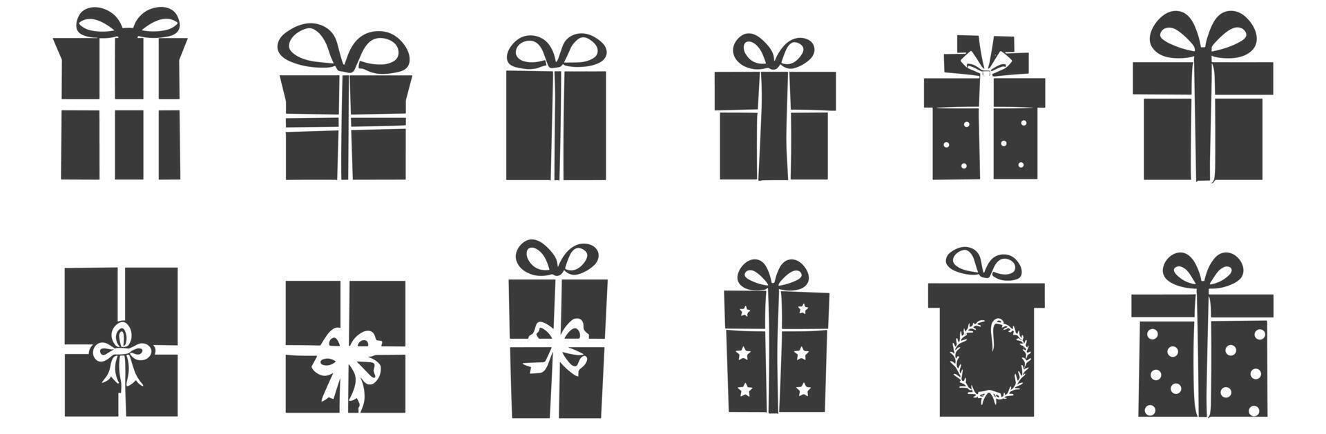 A collection of twelve diverse, monochrome gift box icons with bows. vector
