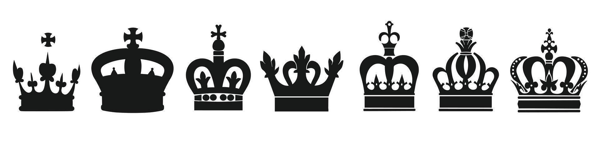Collection of seven black silhouette crowns in various intricate designs on a white background. vector