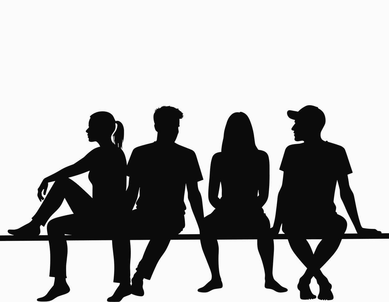 Silhouettes of four seated people on a bench, two women and two men, against a stark white background, capturing a moment of casual interaction. vector