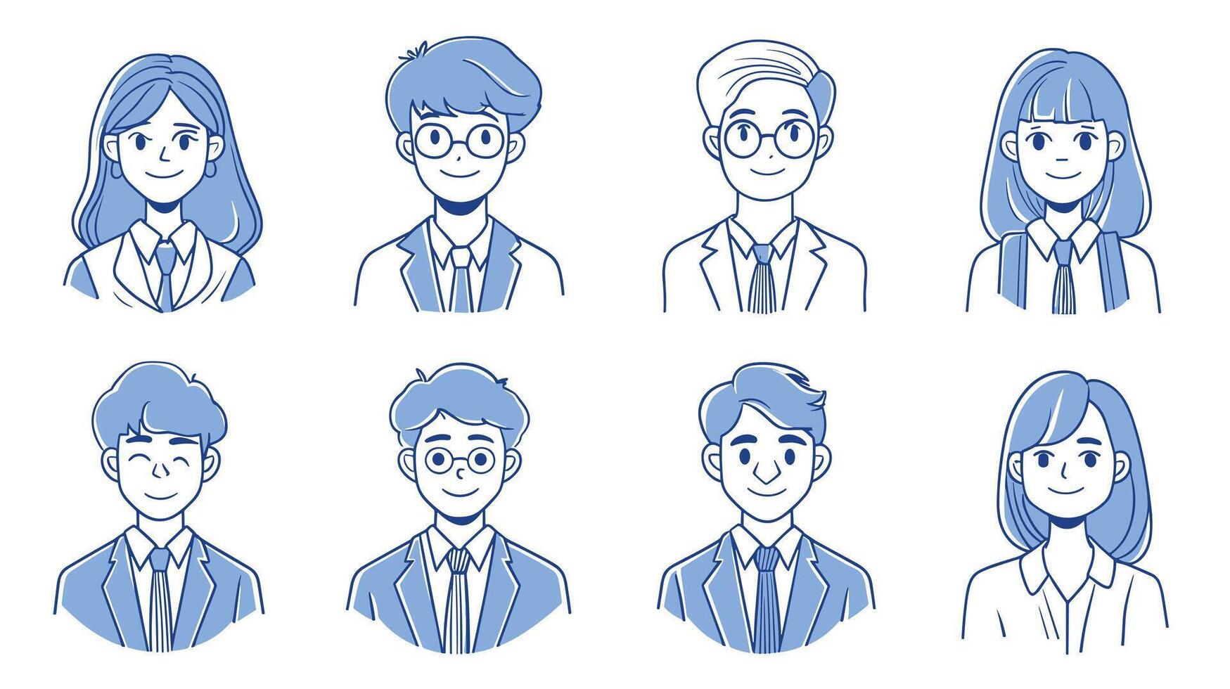 Illustration of diverse students in uniform, smiling in a blue monochrome palette. vector