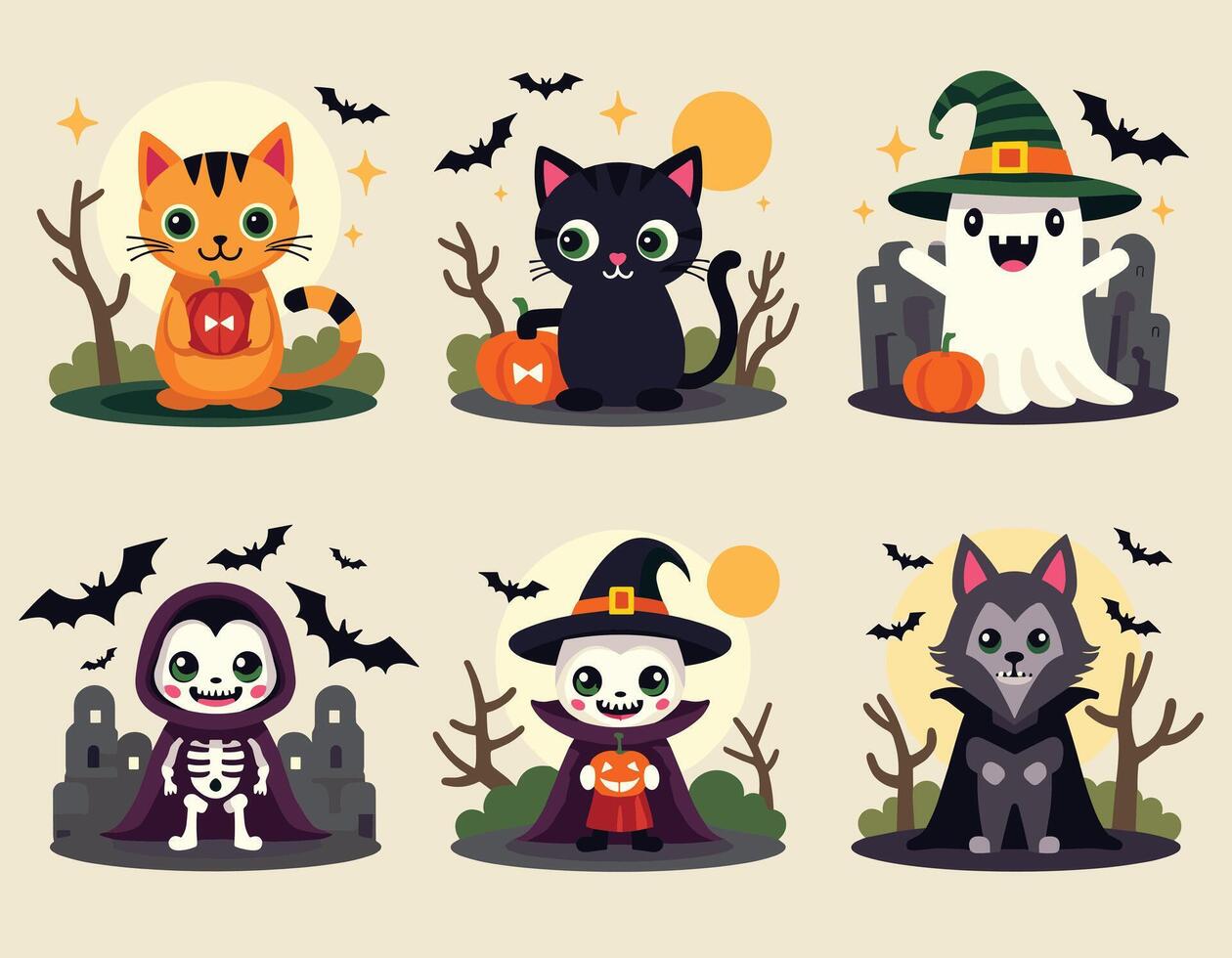 Cute cartoon Halloween characters, including a ghost, cats, skeletons, and a werewolf, set against a spooky backdrop with bats and pumpkins. vector