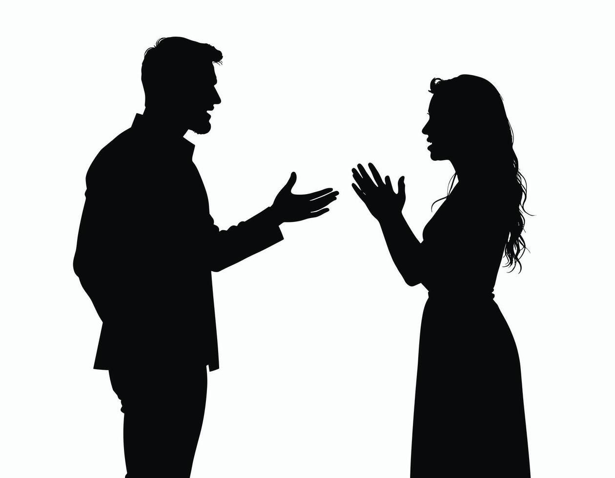 Silhouette of a man and woman engaged in an intense conversation, captured in dramatic profile against a stark white background. vector