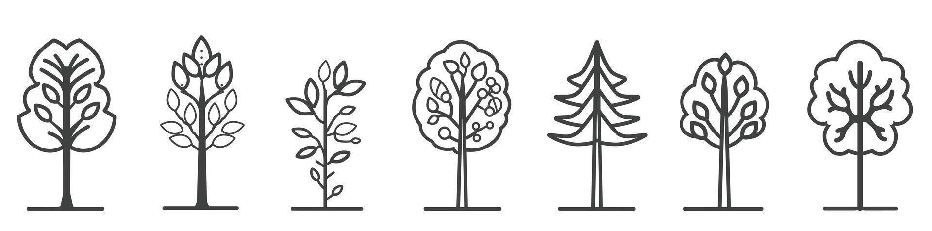 Illustration of diverse tree designs in black and white, demonstrating various shapes and patterns. vector