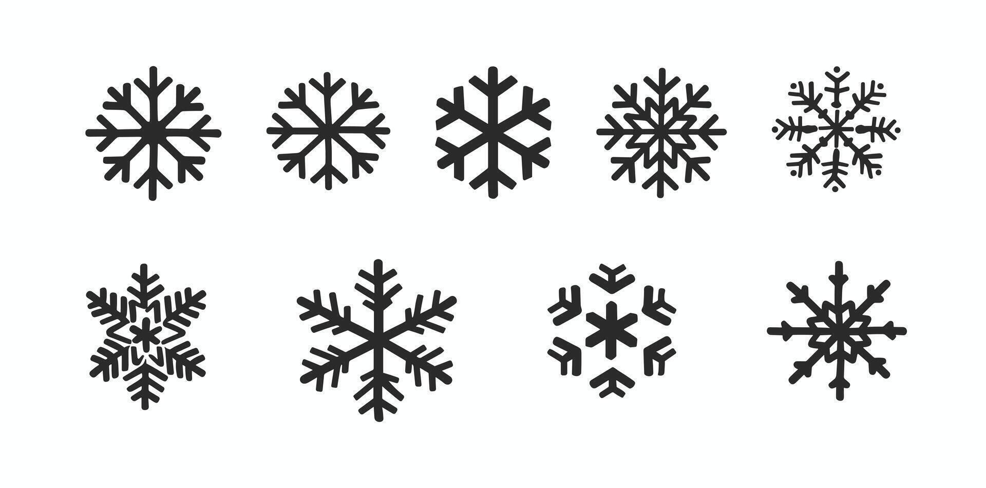Illustration of eight distinct black snowflake icons on a white background, showcasing diverse geometric patterns. vector