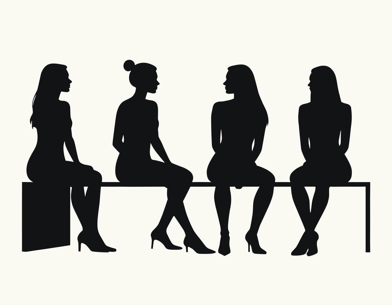 Silhouettes of four women sitting in conversation on a bench, showcasing diverse hairstyles and elegant poses in a minimalist setting. vector