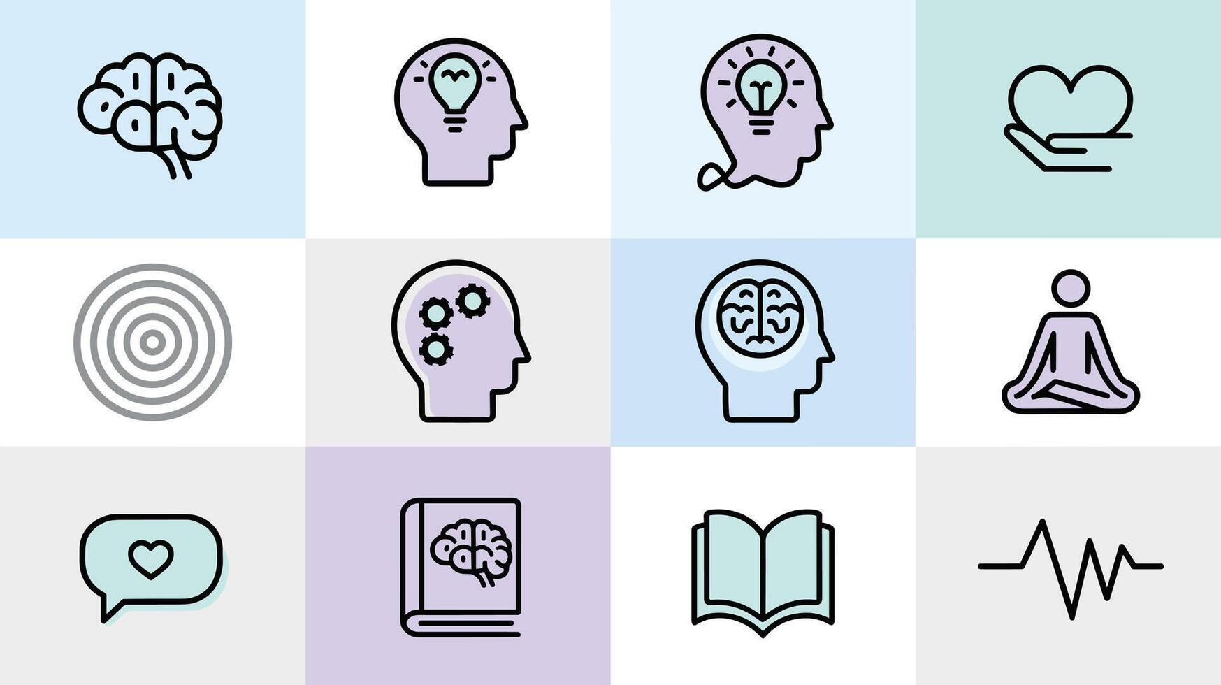 Illustration featuring symbols representing mental health, mindfulness, and personal growth concepts on pastel backgrounds. vector