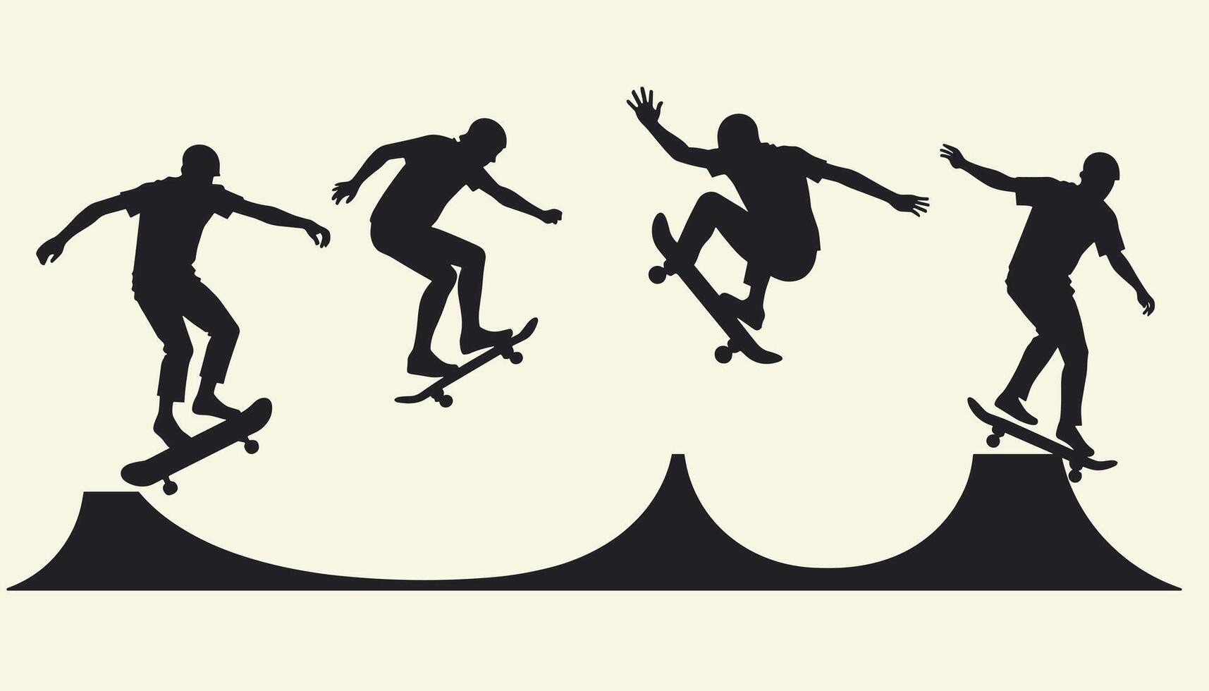Silhouetted skateboarder performing dynamic tricks on a half-pipe ramp, showcasing fluid movement and skill. vector