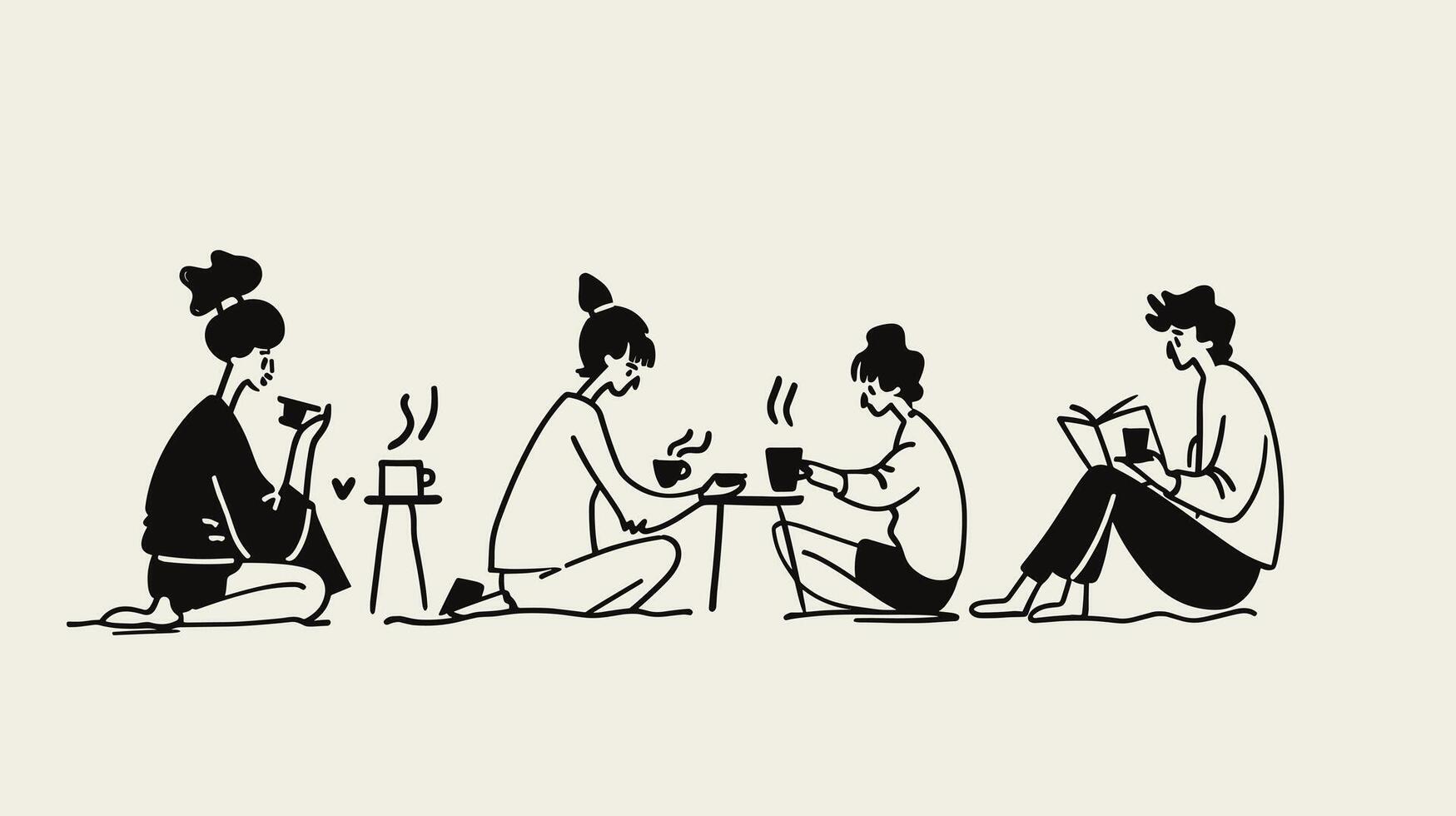 Minimalist illustration of four people engaged in reading and conversation around a coffee table. vector