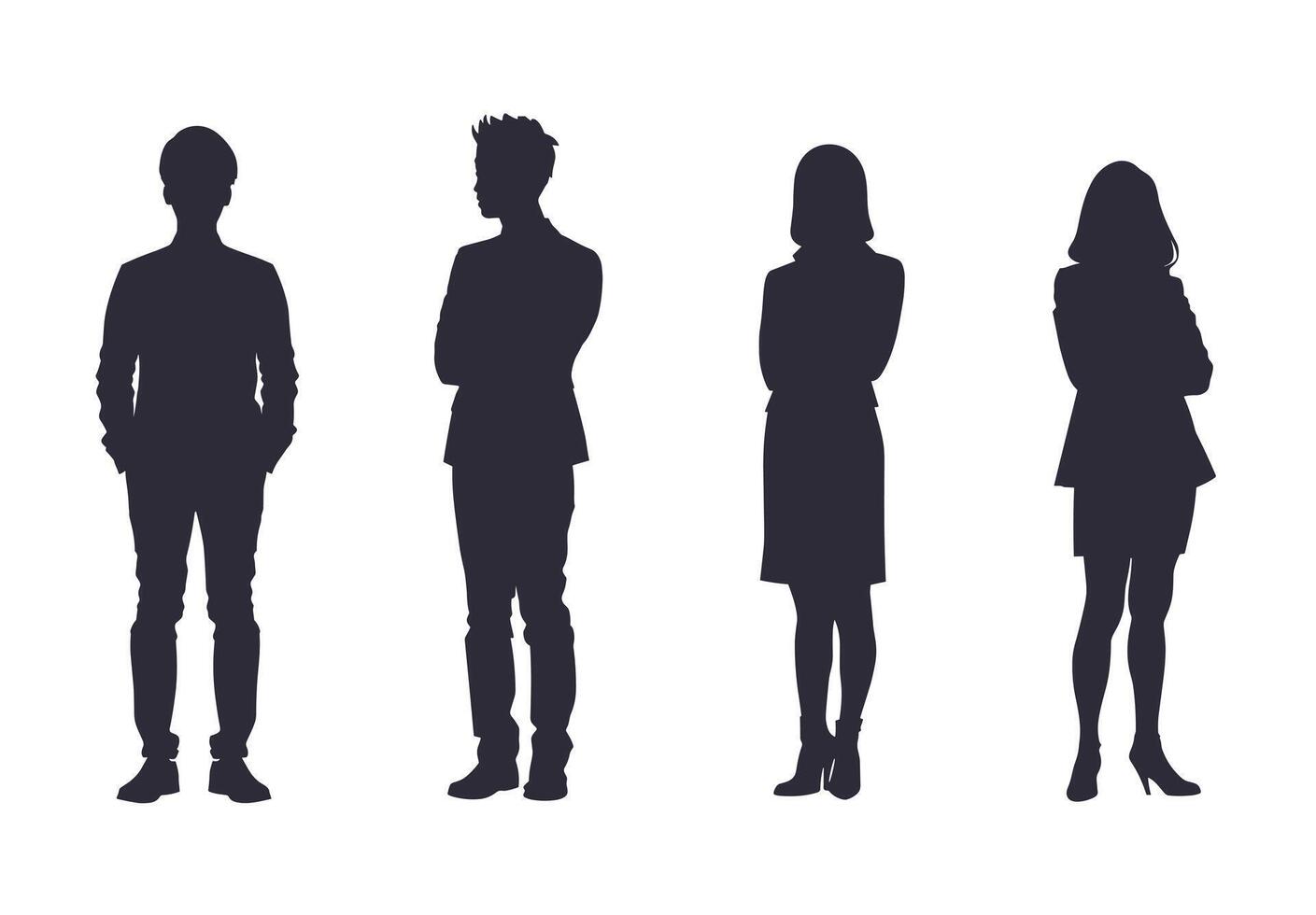 Silhouettes of diverse individuals standing in a row against a white background. vector