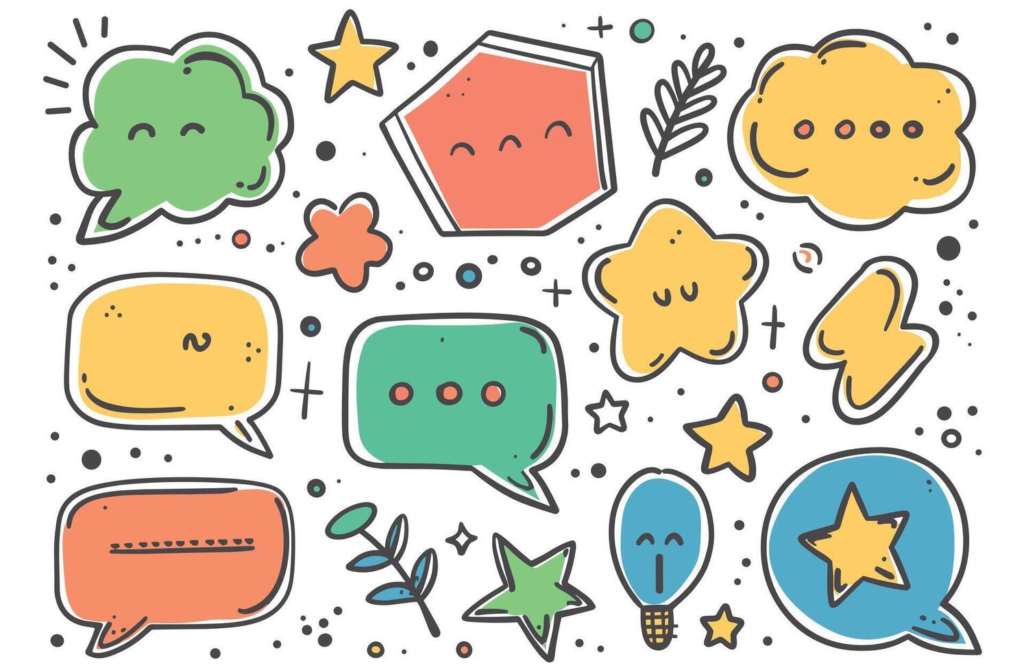Colorful cartoon speech bubbles and shapes with smiling faces on a playful background. vector