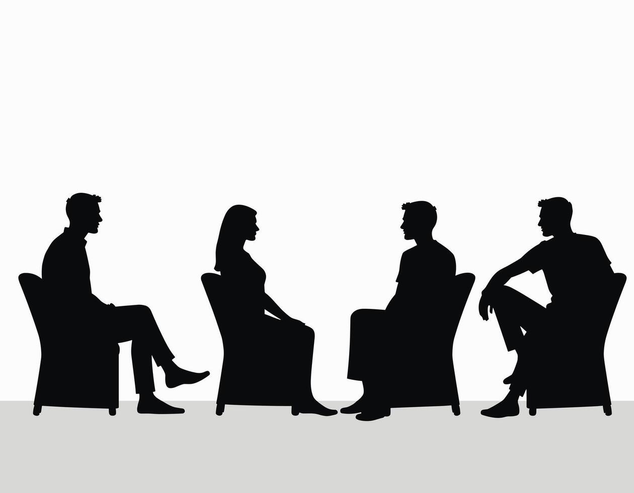 Silhouetted figures engage in conversation, seated in chairs against a white background, creating a minimalist and introspective atmosphere. vector