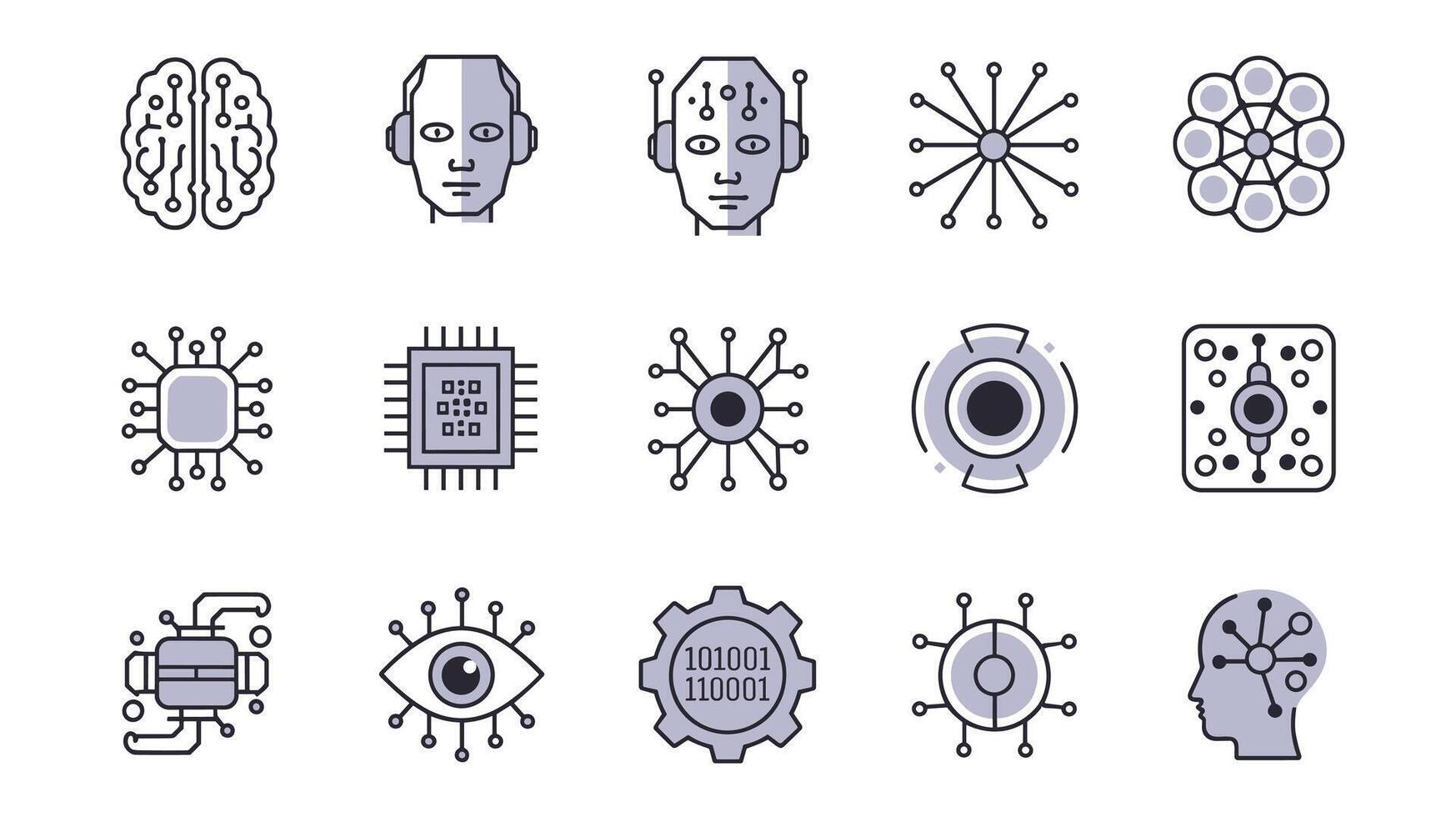 A collection of AI and technology icons depicting brain, neural networks, robotics, and data processing elements on a white background. vector