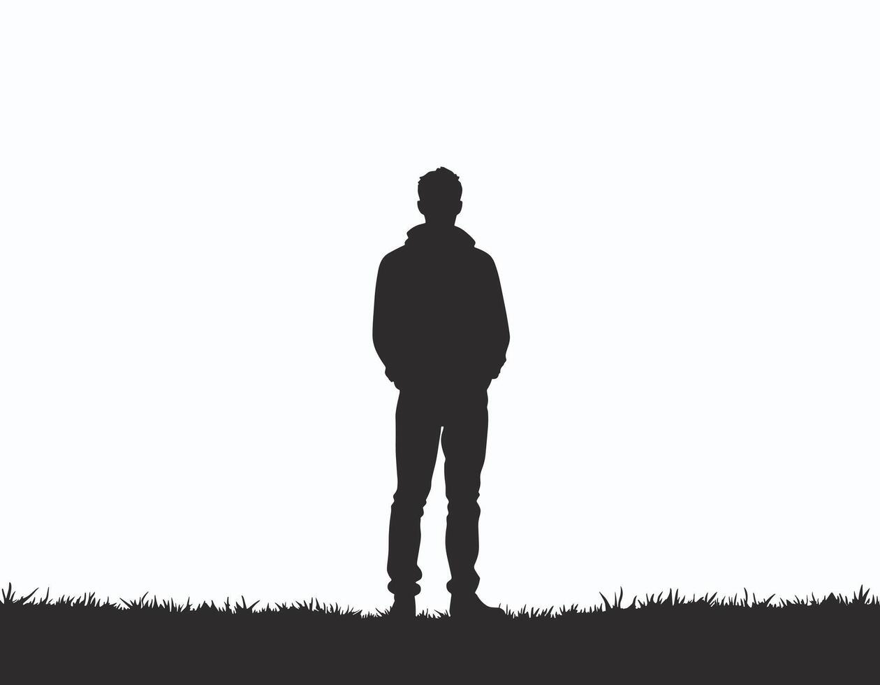 Silhouette of a man standing alone in a grassy field, conveying solitude and contemplation against a stark white background. vector