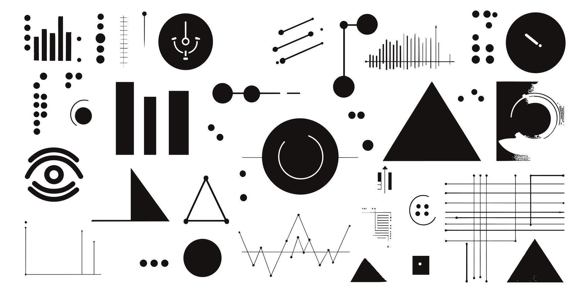 Abstract geometric shapes and symbols on a white background, featuring circles, triangles, and lines. vector
