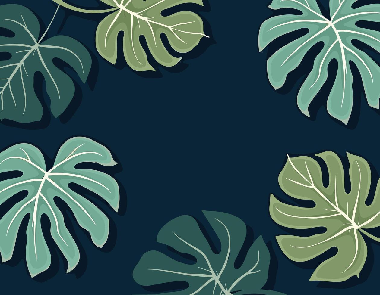 Stylized monstera leaves in shades of green against a dark background create a tropical vibe and artistic aesthetic. vector