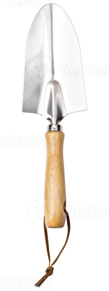 Small metal shovel for gardening on white background photo